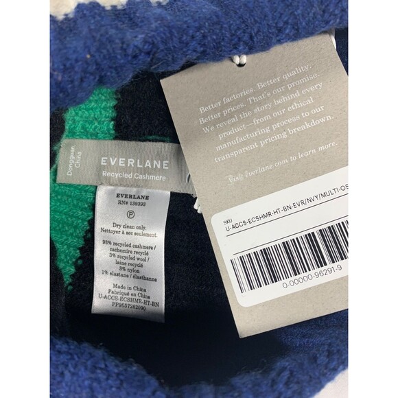 NWT Everlane Beanie Unisex Cashmere Ribbed Knit Hat Navy Green Ivory - Picture 2 of 4